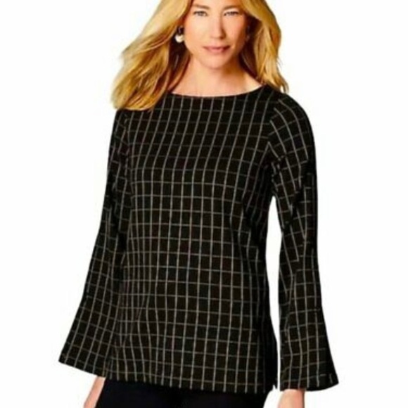 J. JILL Ponte Knit Black Tan Windowpane Grid Boat Neck Tunic Top Medium - Picture 2 of 12
